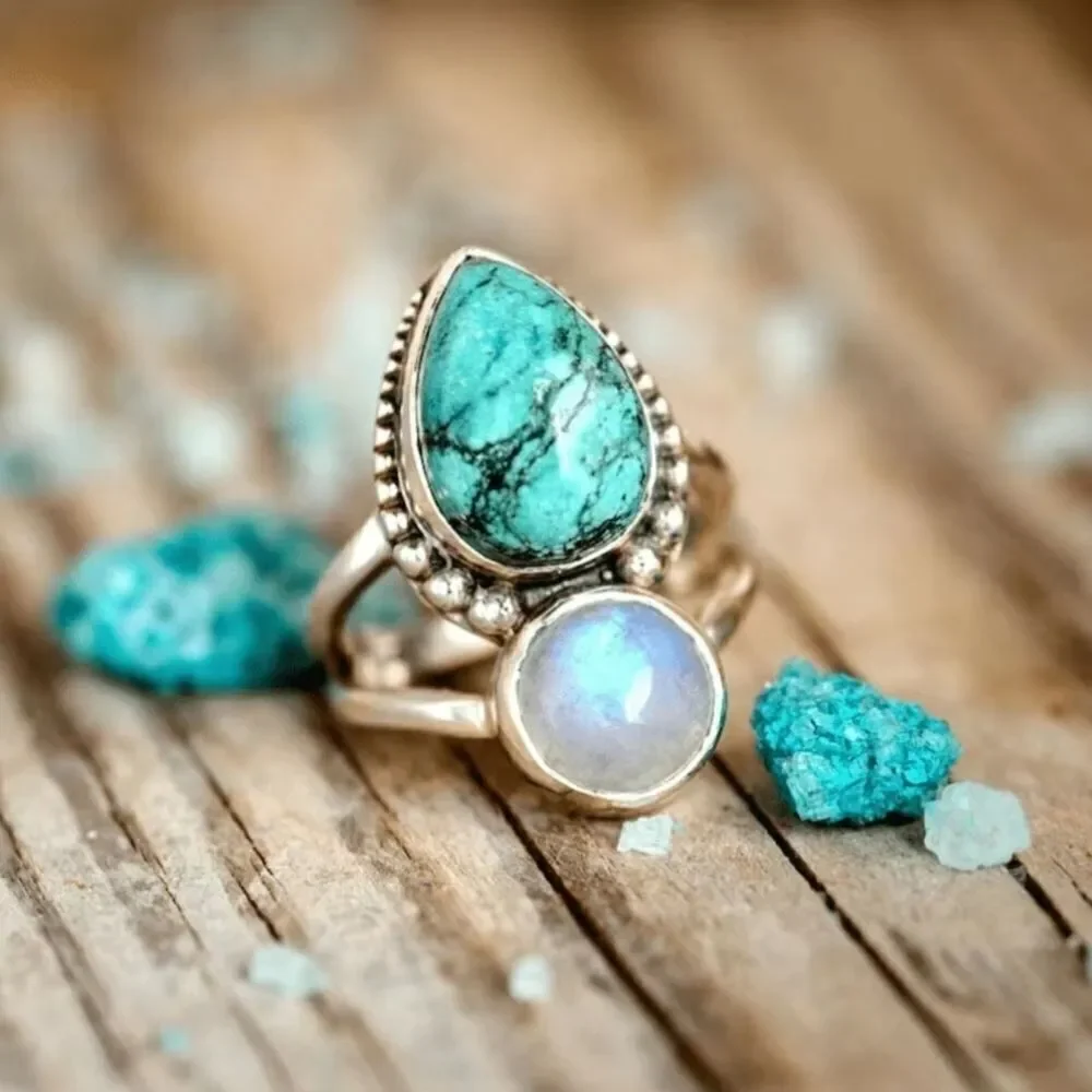 Boho Style Ring Inlaid Turquoise And Spherical Moonstone Match